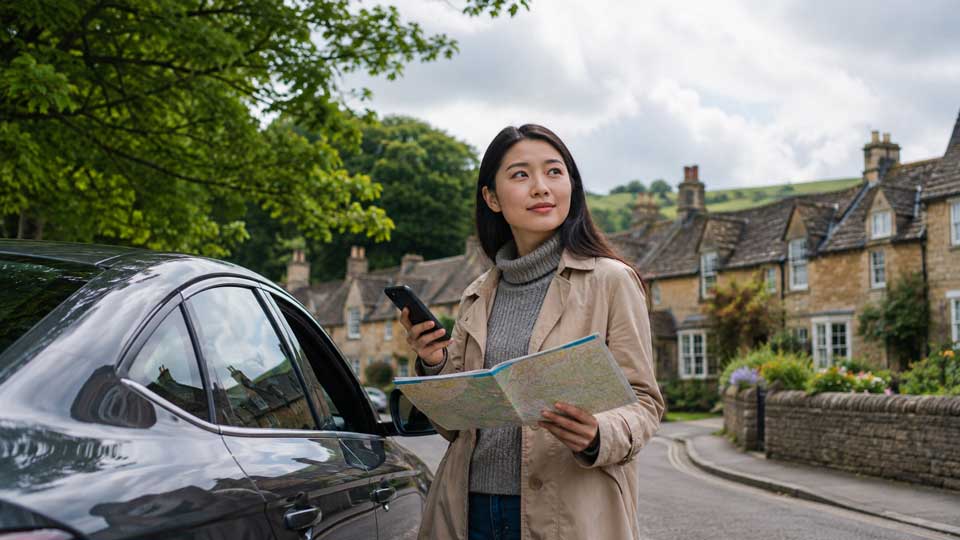 Overseas visitors with a car in a British setting, suitable for the homepage